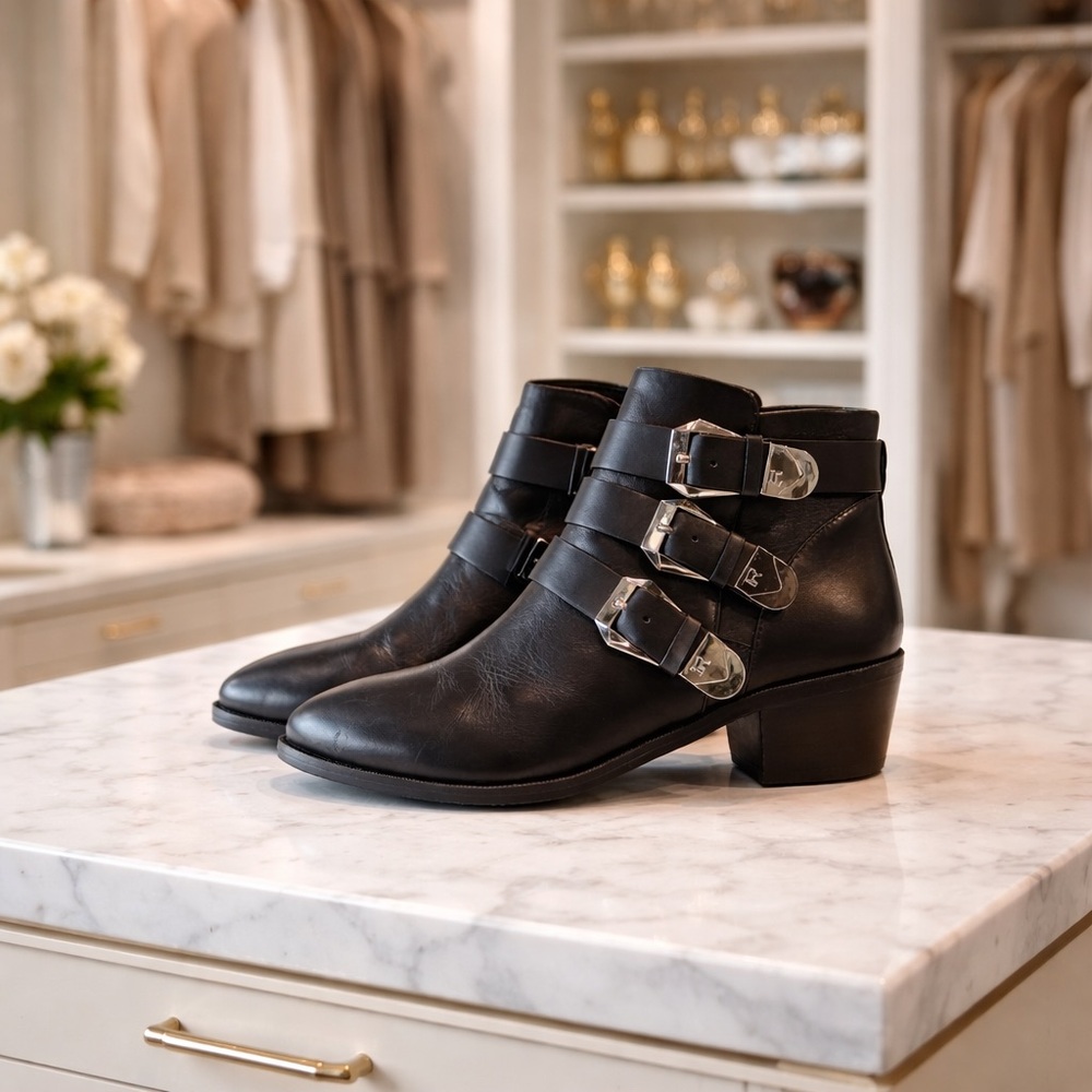 Taryn Rose Black Leather Side-Zip Ankle Boots with Silver Buckle Detail